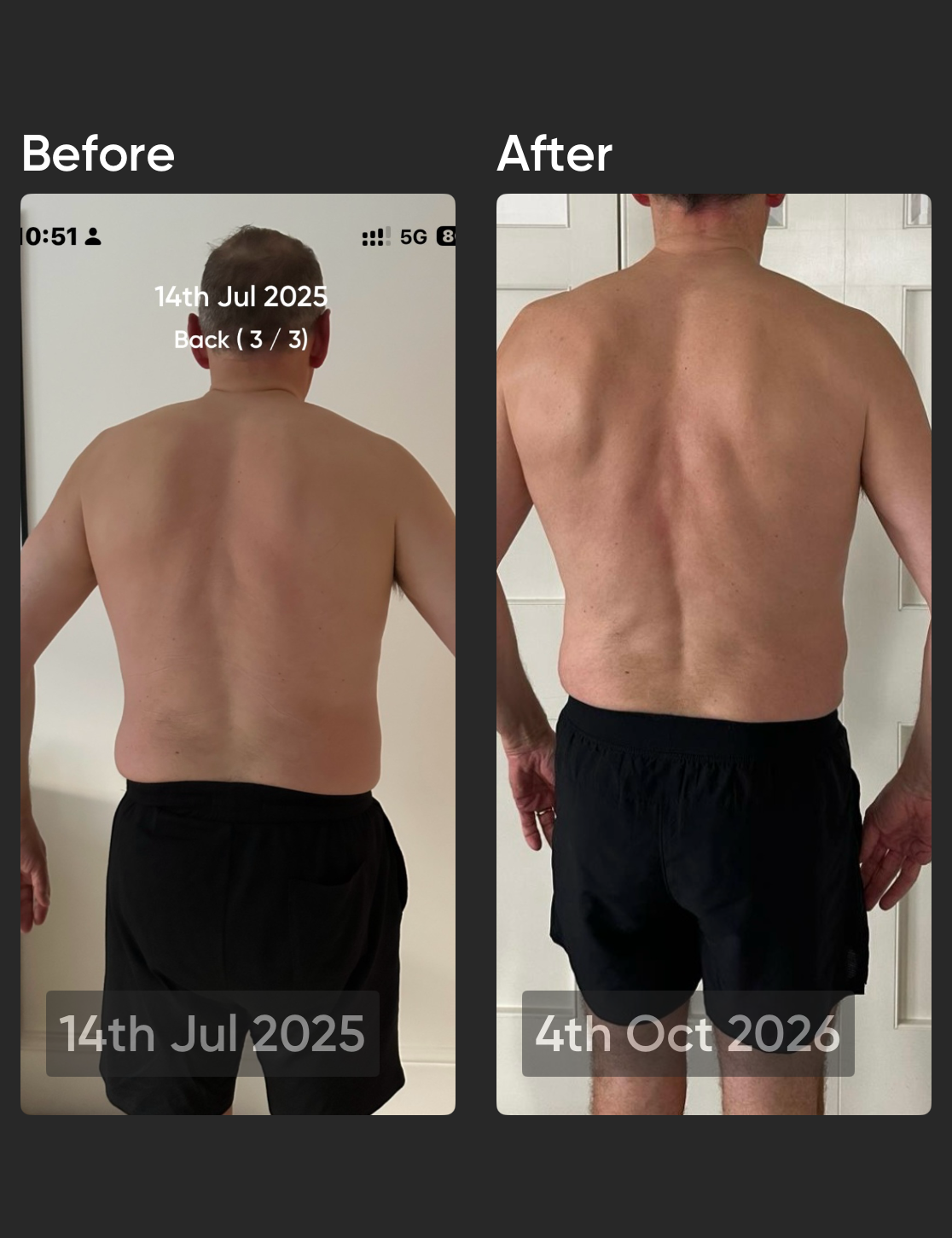 Derek, before on 14 July 2025 and after on 4 October 2026, back view view